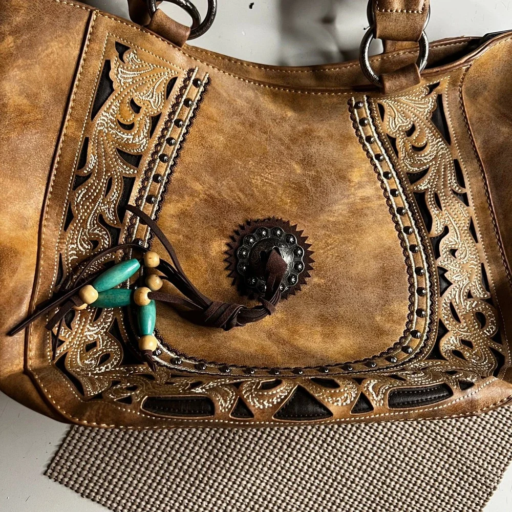 Montana West Western Hobo Shoulder Bag Tan Embroidered Cutout Concho Turquoise